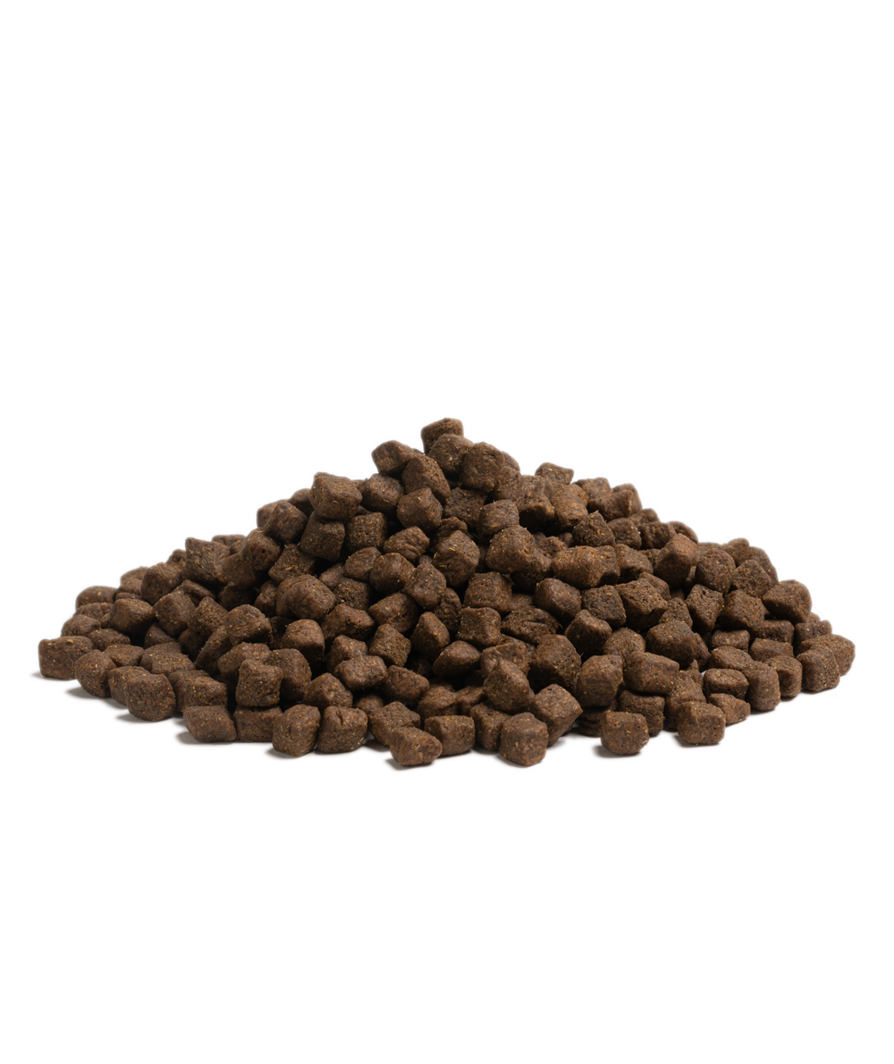 Nærbilde av små tørrfôr-pellets fra Essential Estate Living Small Bites