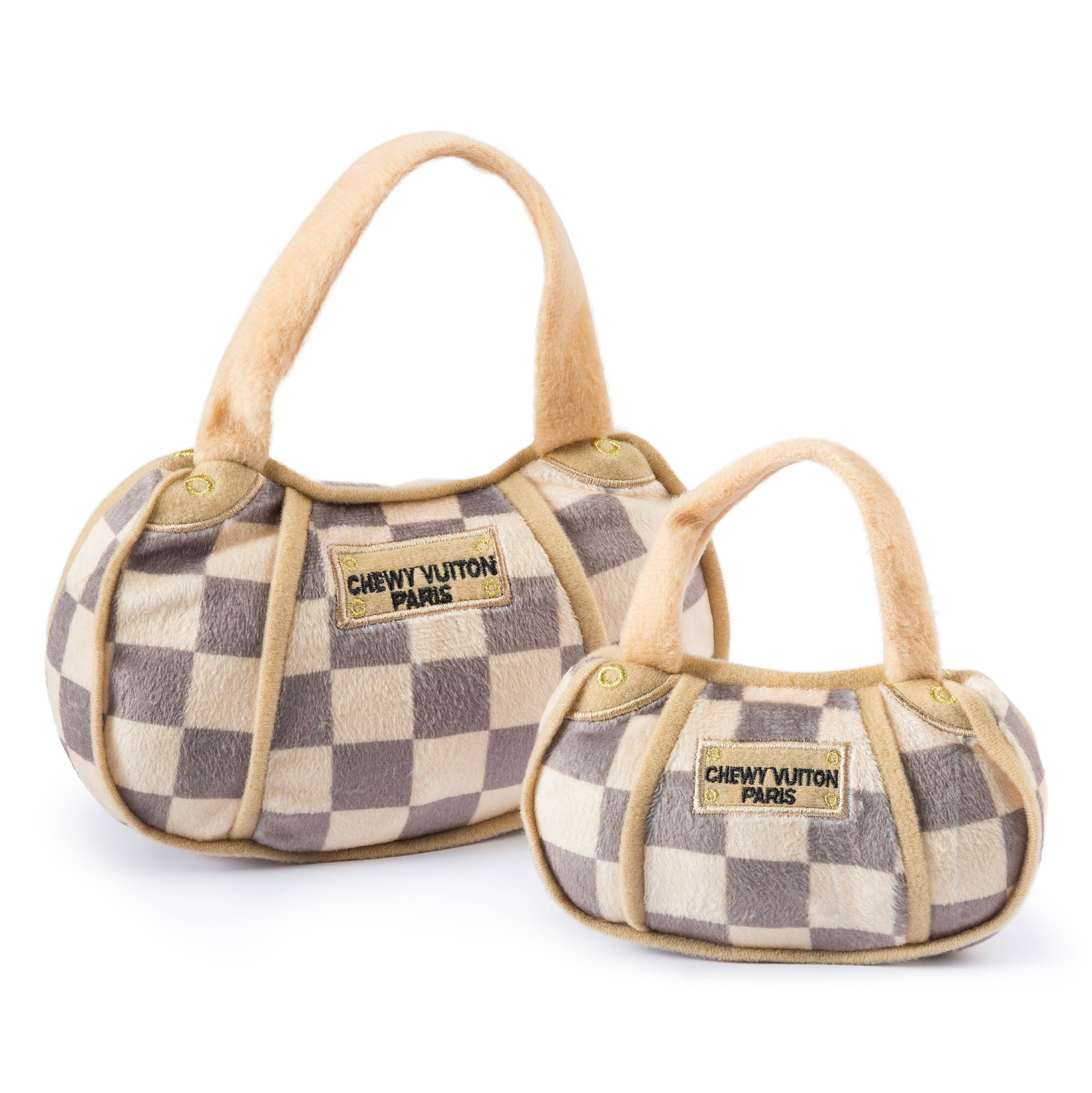 Tan Checker Chewy Vuiton Handbag Squeaker Dog Toy