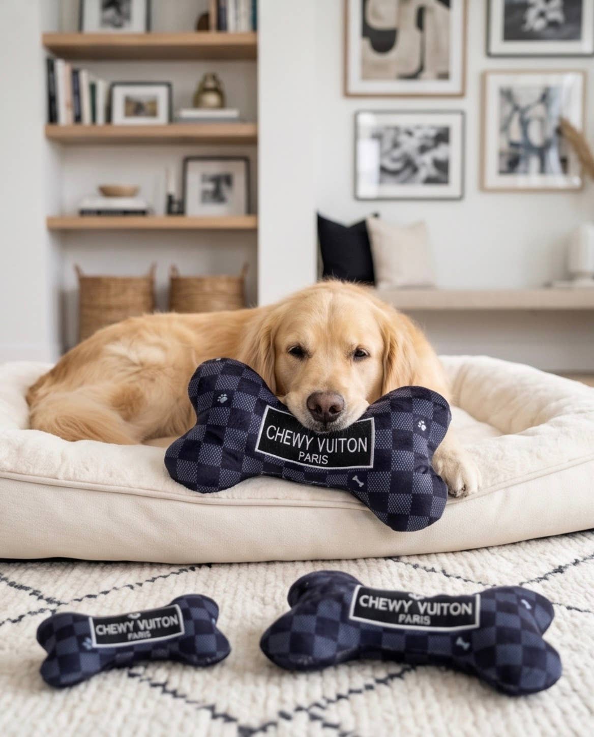 Black Checker Chewy Vuiton Bone Squeaker Dog Toy