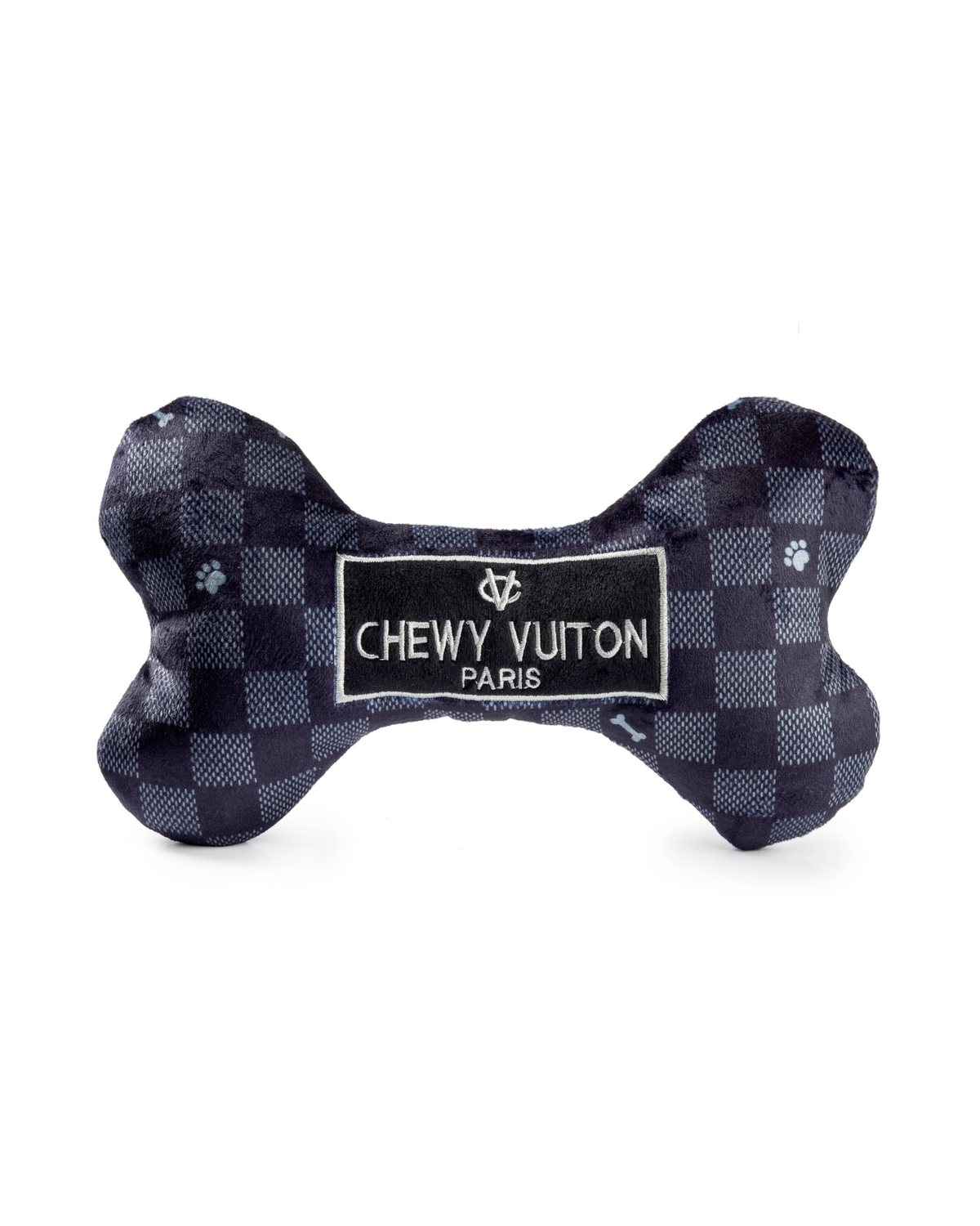 Chewy Vuiton Bone │ Black Plaid Plush Toy with Squeaker