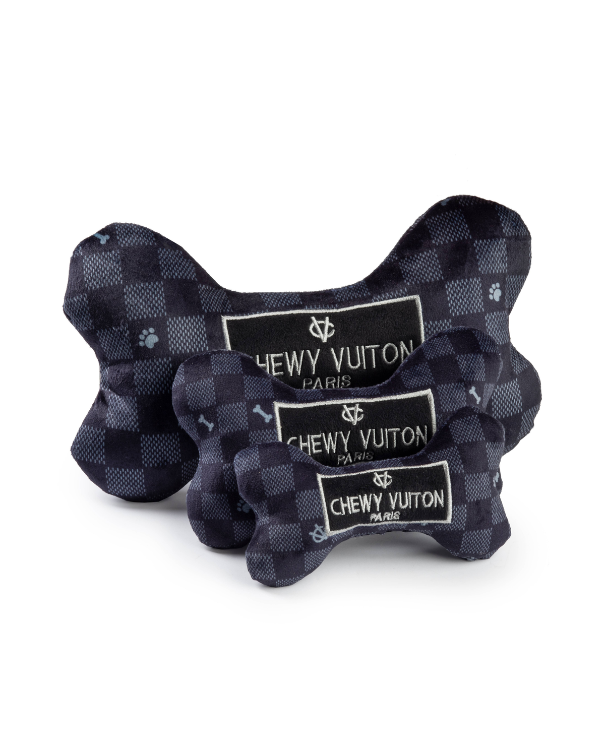 Chewy Vuiton Bone │ Black Plaid Plush Toy with Squeaker